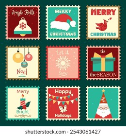 Set of Christmas cute stamp in flat design with holiday symbols and elements of decoration. All layered and grouped. Vector.