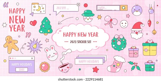 Set of Christmas cute vector stickers. Happy New Year and Winter style vaporwave design graphic labels, emojis and prints. Set of modern Christmas decorations.	