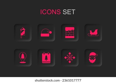 Set Christmas day calendar, Santa Claus hat, Firework rocket, Snowflake, santa claus sleigh, and beard, chimney and tree icon. Vector
