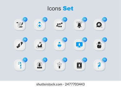 Set Christmas day calendar, santa claus sleigh, ball, Candy cane with stripes, Firework rocket, snowman, Envelope and toy icon. Vector