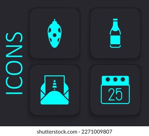 Set Christmas day calendar, toy, Champagne bottle and Envelope icon. Black square button. Vector