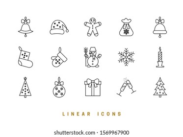 Set. Christmas decor. Christmas background with festive decorative elements, design in a linear style. Christmas black and white vector illustration.