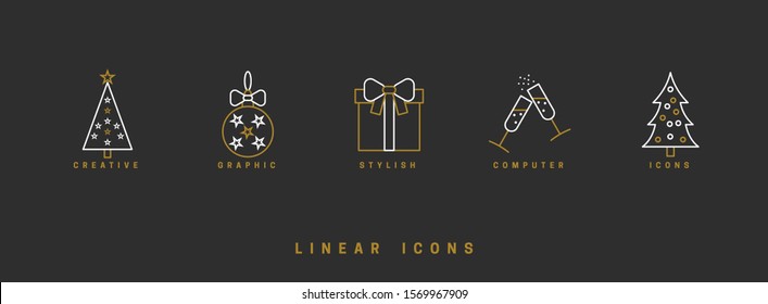 Set. Christmas decor. Christmas background with festive decorative elements, design in a linear style. Christmas black and white vector illustration.