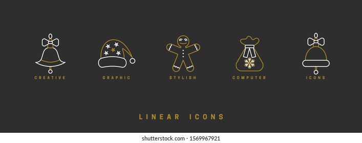 Set. Christmas decor. Christmas background with festive decorative elements, design in a linear style. Christmas black and white vector illustration.