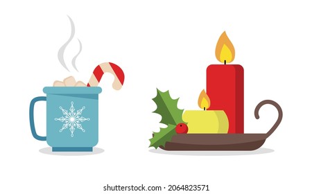 Set of Christmas decor. Candles on a stand with mistletoe, mug of cocoa with marshmallow and lollipop. Cute stickers. Flat cartoon style vector illustration.