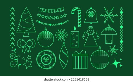 Set of Christmas decor elements, festive winter elements in line. Christmas tree, gift, snowflakes, angel, Christmas tree toys