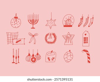 Set of Christmas decor elements in hand drawn doodle style, vector illustration. Concepts of winter holidays and decoration. Wreath, ornaments, stockings, candles, bows.