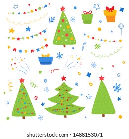 Set of Christmas decor elements. Vector cartoon holiday illustration for kids. New Year background. Christmas tree, gift boxex, garlands, snowflakes and hand drawn design elements.