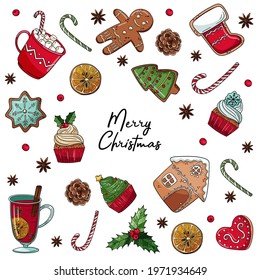 Set with christmas decor. Gingerbread man, candy cane, mulled wine. White background. Vector illustration