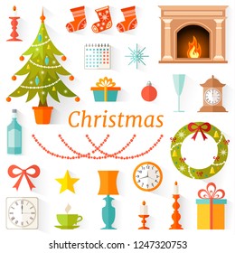 Set of Christmas decor for the interior in a flat style. Icons symbols of the new year. Vector illustration.