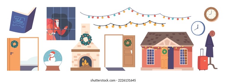 Set of Christmas Decor, Isolated Elements for Greeting Card, Invitation. New Year or Xmas Traditional Garland, Wreath, Fire Place, Decorated House and Door, Santa Claus at Window. Cartoon Vector Icons