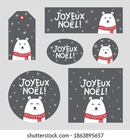 Set of christmas decor with polar bear for France. French Merry Christmas poster, card, sticker, tag. White Polar bear in a scarf. Vector illustration. Translation: Merry Christmas