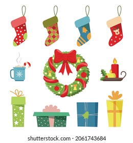 Set of Christmas decor. Socks for gifts, boxes with gifts, packaging, Christmas wreath, candles on a stand with mistletoe, mug with marshmallows. Cute stickers. Flat cartoon style vector illustration.