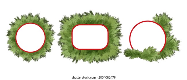 Conjunto de plantillas de decoración navideña de ramas de pino y lugar para el texto. Ilustración vectorial dibujada a mano.
