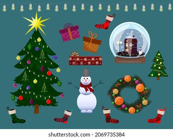 A set of Christmas decor: tree, snowman, lanterns, socks, snow globe, wreath and gifts. Vector illustration