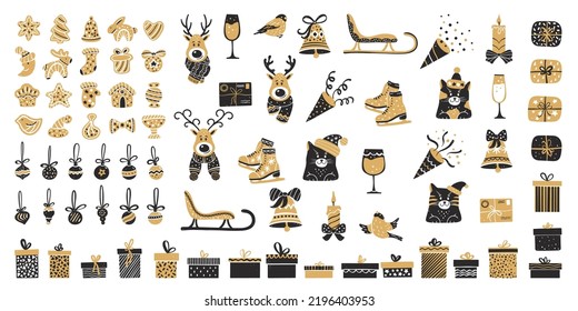 Set of Christmas decor for typographic design. Christmas trees, balls, gifts, gingerbread, socks, pine cones and fir branches. Vector illustration in black and gold style