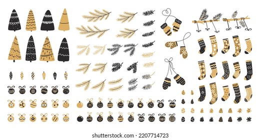 Set of Christmas decor for typographic design. Christmas trees, balls, socks, pine cones and fir branches. Vector illustration in black and gold style