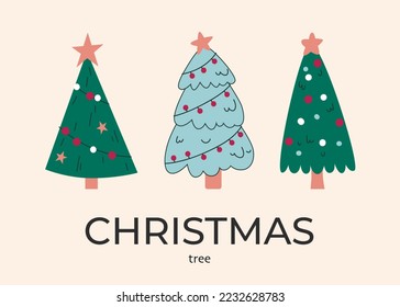 A set of Christmas decorated garlanded trees. Decorative clipart elements 