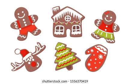 Set Of Christmas Decorated Gingerbread Cookies Vector Illustration