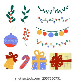 A set of Christmas decoration. 2d vector illustration.