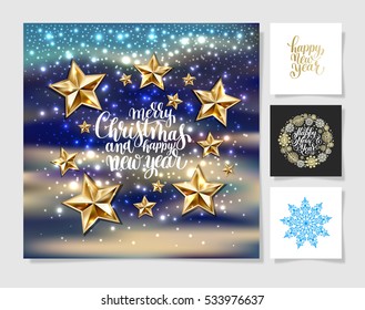 set of christmas decoration background, snowflake and handwritten lettering greeting quote on square collection, vector illustration eps10