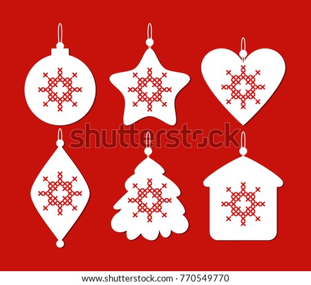 set of christmas decoration with cross stitch new years toys on red background ball - Cross Stitch Christmas Decorations set of christmas decoration with cross stitch new years toys on red background ball - Cross Stitch Christmas Decorations