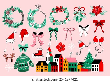 Set of Christmas decoration elements with wreath, Santa hat, bows, town, houses