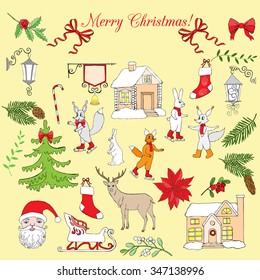 Set with Christmas decoration. Hand drawn elements with poinsettia,  mistletoe and bow. Vector  Illustration