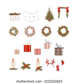 Set of Christmas decoration icons. Christmas tree. door wreath, cahdles, gifts and garland. Collection of holiday elements. Vector illustration isolated on the white background