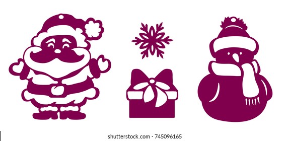 Set of Christmas decoration on xmas tree: Santa Claus, snowman, snowflake, gift with bow. Template for laser cutting, wood carving. Vector silhouette on white background. Openwork hand draw toy. Icon