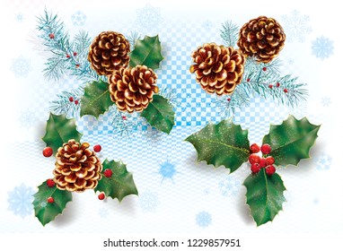 Set of Christmas decoration. Pine cone, european holly ilex and pine tree branch