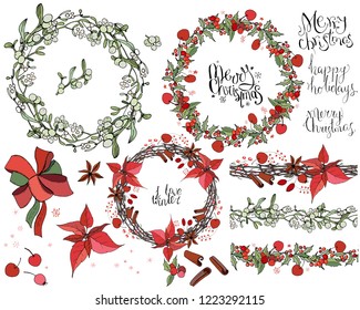 Set with Christmas decoration. Round garland decorated with season festive elements.  For season greeting cards, posters,advertisement. Vintage style.