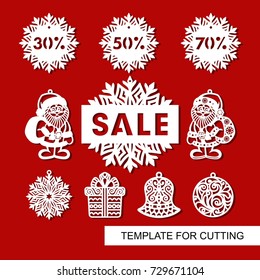 Set of christmas decoration for shop and markers - Santa Claus, bell, gift, snowflake,ball and signboard -"Sale". Templates for laser cutting, wood carving or printing. 