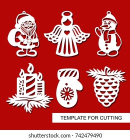 Set of christmas Decoration - silhouettes of Angel, Santa Claus, Snowman, candles, pine cone, mitten. Template for laser cutting, wood carving, paper cut. Decor for xmas tree. Vector illustration.