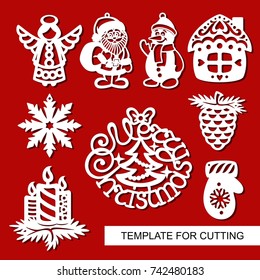 Set of christmas Decoration - silhouettes of Angel, Santa Claus, Snowman, house, candles, snowflake, pine cone. Template for laser cutting, wood carving, paper cut. Decoration for xmas tree. Vector.