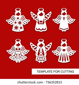 Set of christmas Decoration - silhouettes of Angels . Template for laser cutting, wood carving, paper cut and printing. Decoration for xmas tree. Vector illustration.