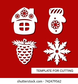 Set of christmas Decoration - silhouettes of pine cone, mitten, hut (small house), snowflake. Template for laser cutting, wood carving, paper cut. Decor for xmas tree. Vector illustration.