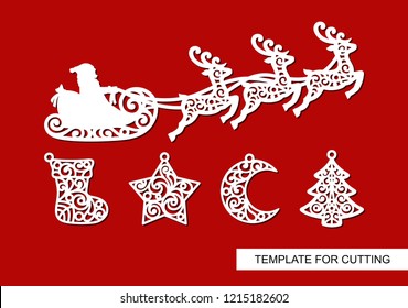 Set of Christmas decoration. Silhouettes of Santa Claus flying in a sleigh with reindeers, sock, star, crescent and tree. Winter template for laser cutting, wood carving, paper cut or printing. Vector