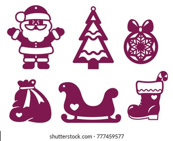 Set of Christmas decoration - silhouettes of Santa Claus, ball, tree, bag, boot, sledge Template for laser cutting, wood carving, paper cut. Decor for xmas tree. Vector illustration. Christmas baubles