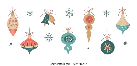 Set of Christmas decoration and snowflakes in Retro Style isolated on white. Mid century modern.  For Christmas web and graphic design