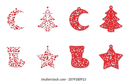 
Set Of Christmas Decoration: Sock, Star, Xmas Tree And Crescent. Templates For Laser Cutting, Wood Carving Or Printing Free Vector Image