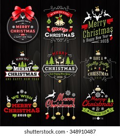 Set of Christmas decoration typography tag and label design. Merry Christmas and happy new year 2016. Vector illustration