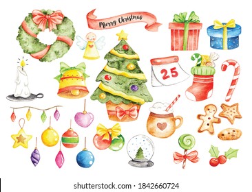 Set Of Christmas Decoration In Water Color Vector Style Illustration