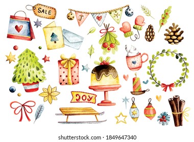 set of Christmas decoration in watercolor vector illustration