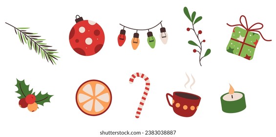 Set of Christmas decoration. Winter holidays illustration of gift box, candle, fairy lights, ball, mug, holly berry and winter plants. Flat vector illustration isolated on white background.