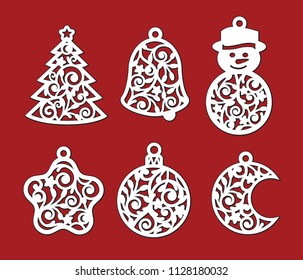 Set Of Christmas Decoration: Xmas Tree, Snowman, Crescent, Bell, Star, Ball. Template For Laser Cutting, Wood Carving. Vector Silhouette Isolated On Red Background. Openwork Toy With Lace Ornament.