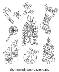 Set of Christmas decorations antistress coloring page. Black and white drawings: mistletoe, christmas ball, christmas sock, candles, christmas tree, star, candy, ginger cookie.