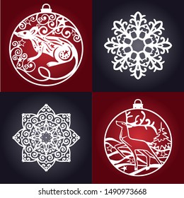 Set of Christmas decorations - balls with a deer, with rat, star and snowflakes. Template for laser cutting, wood carving and paper cut.