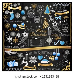 Set of Christmas decorations, balls and elements on a black background