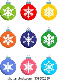 Set of christmas decorations balls in flat style on white background.